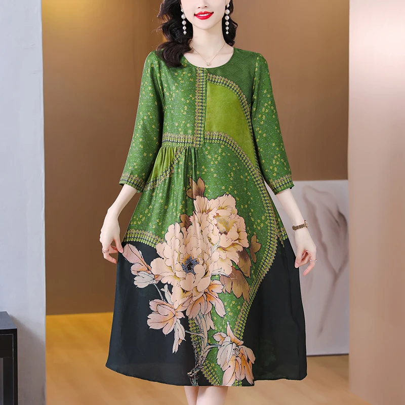 

2023 New Fashion Silk Silk Silk Dress Women's Summer Round Neck Short Sleeve Printed Loose Fit Casual Party Vestidos