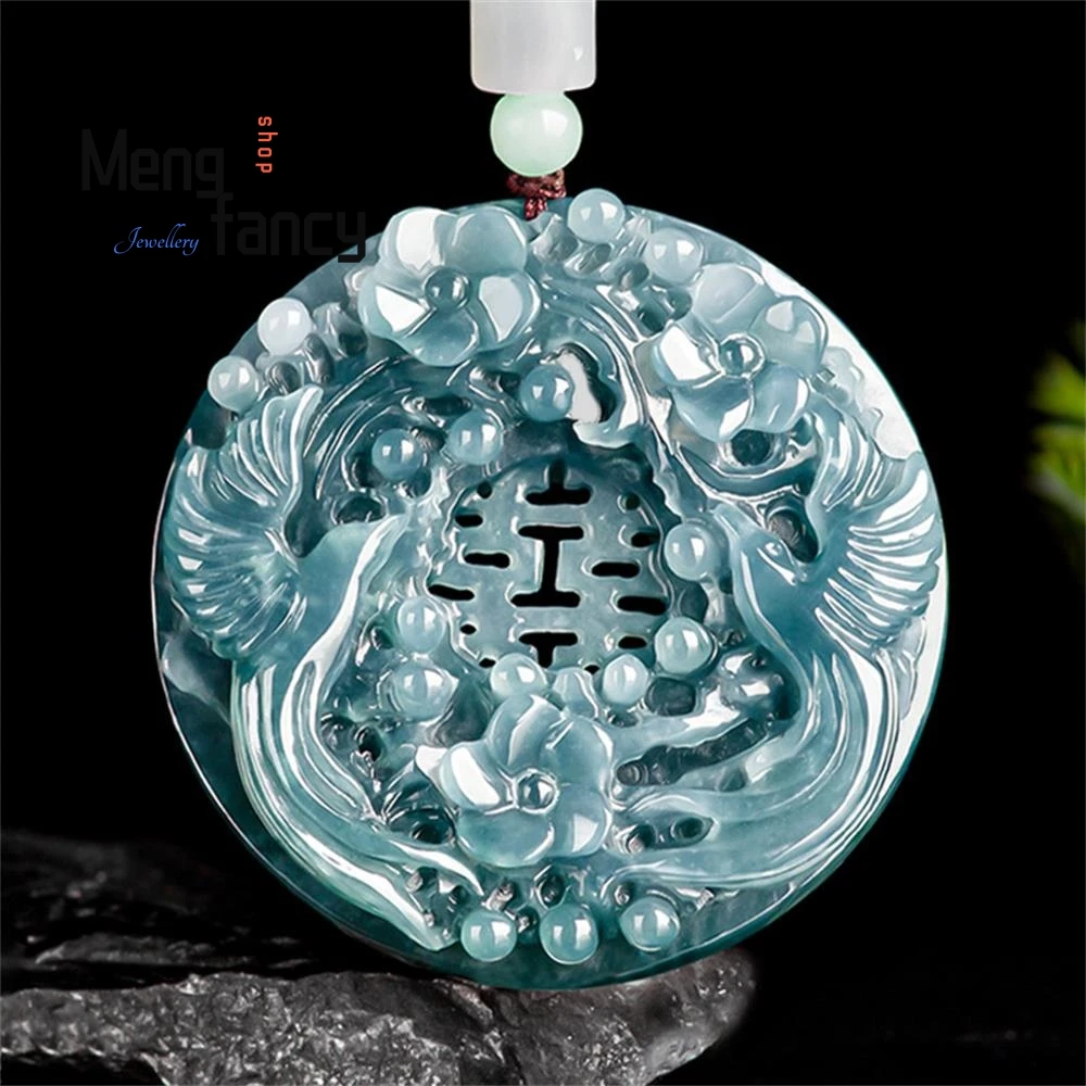 

Exquisite Natural A-goods Jadeite Blue Water Double Happiness Magpie Pendant Ice Jade High-grade Fashion Luxury Quality Jewelry