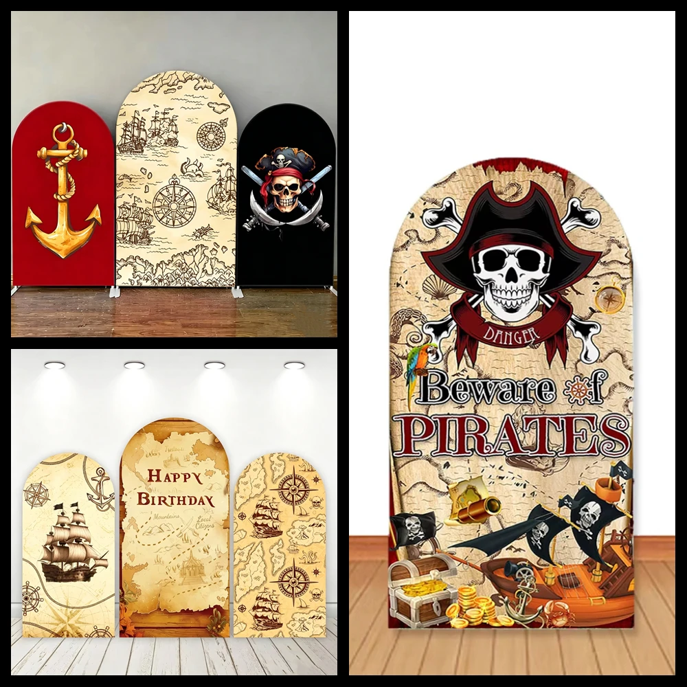 Pirate Theme Arch Background Treasure Map Skull Child Boy Birthday Party Retro Style Decoration Photo Booth Photography Props