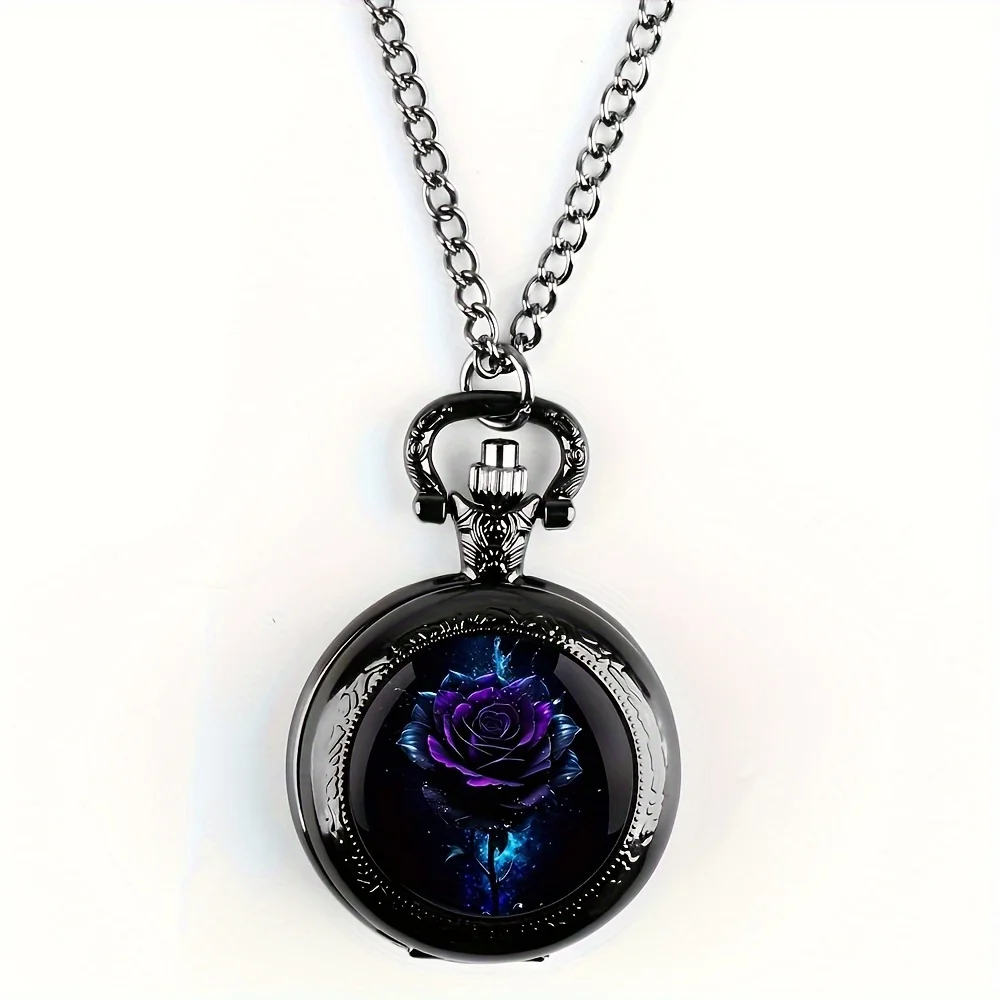 Retro Purple Rose Quartz Pocket Watch, Black Necklace Pocket Watch For Men And Women