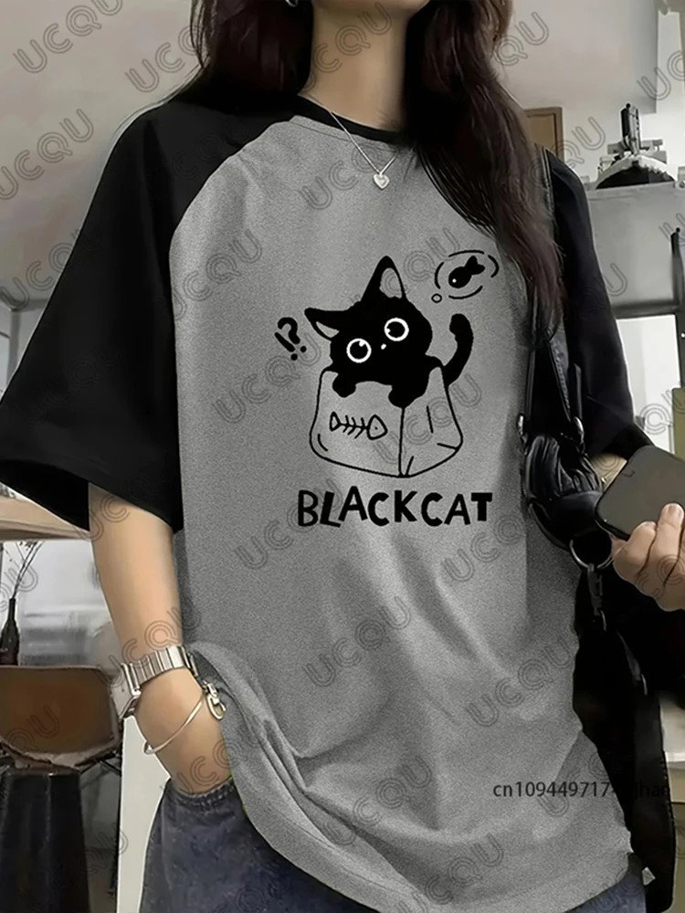 The Kitten Wants To Eat Fish Print T-Shirt für Damen Sommer Patchwork Kurzarm T-Shirts Sport Fußball Jersey Y2K Übergroßes Top