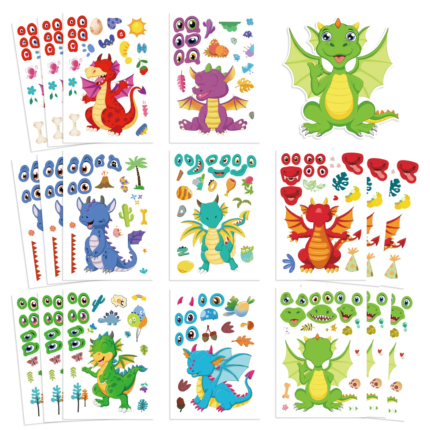 8/16/24Pcs Dragon DIY Cute Cartoon Puzzle Sticker Creative Animals Make A Face Assembly Stickers Children's Toys