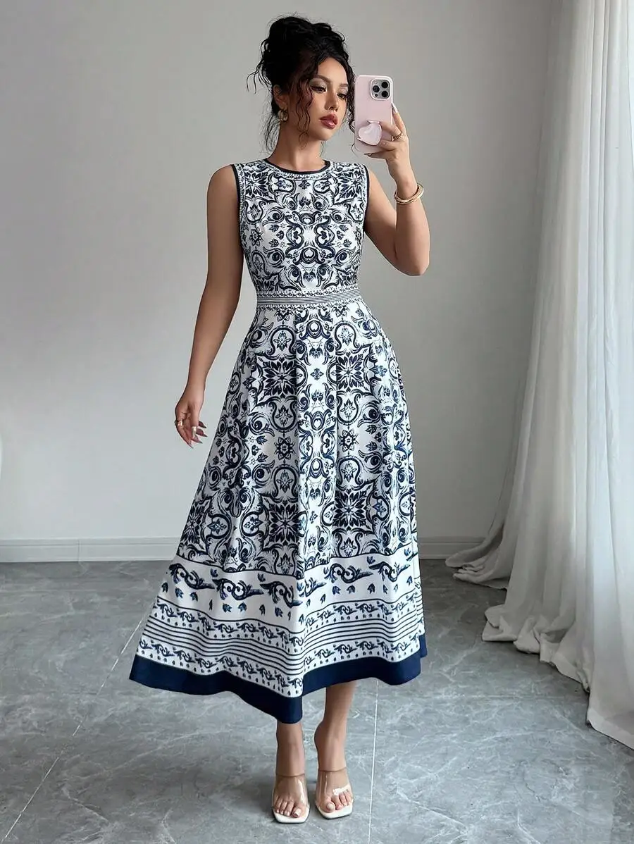 

Платье миди А-силуэта без рукавов с сине-белым декоративным принтом