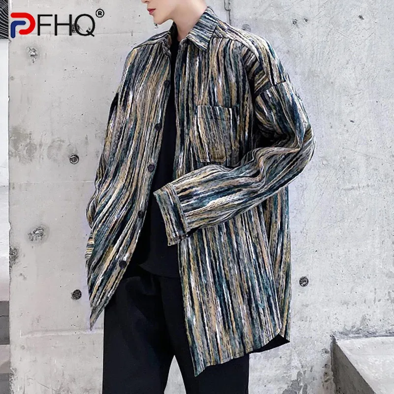 

PFHQ Men's Light Luxury Ink Paint Shirts Woolen Knitted Loose Versatile Trendy Korean Striped Sport Handsome Tops Summer 21Z4010