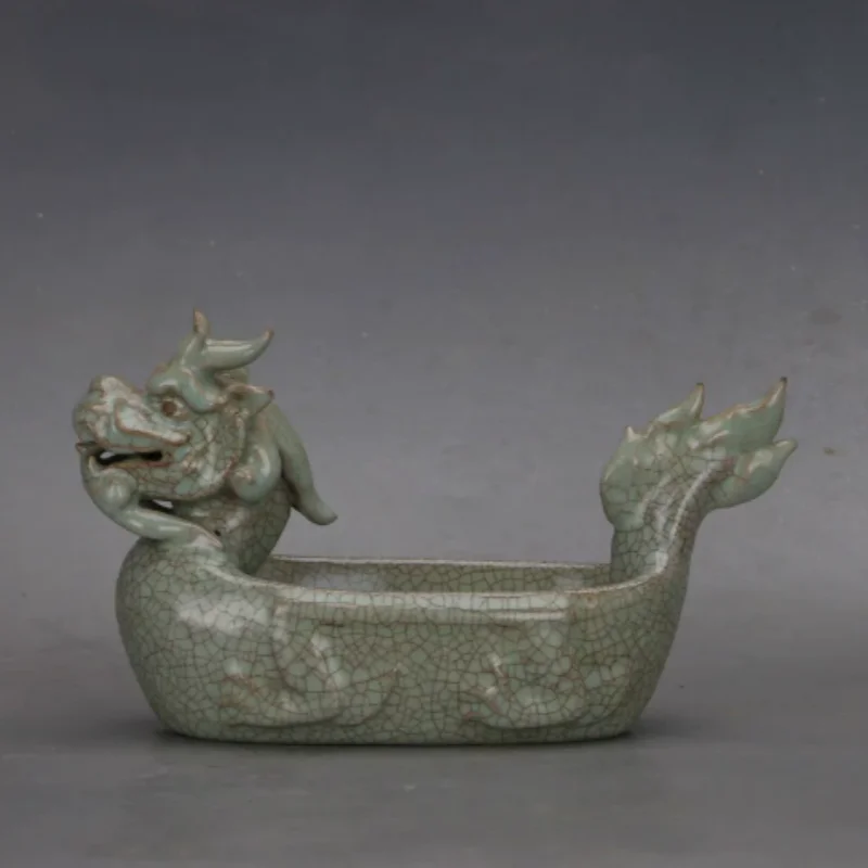 Vintage Ru Kiln Blue Glazed pen washed inkstone with Dragon Sculpture - Traditional Chinese Ceramic Artwork, Study Desk Decor