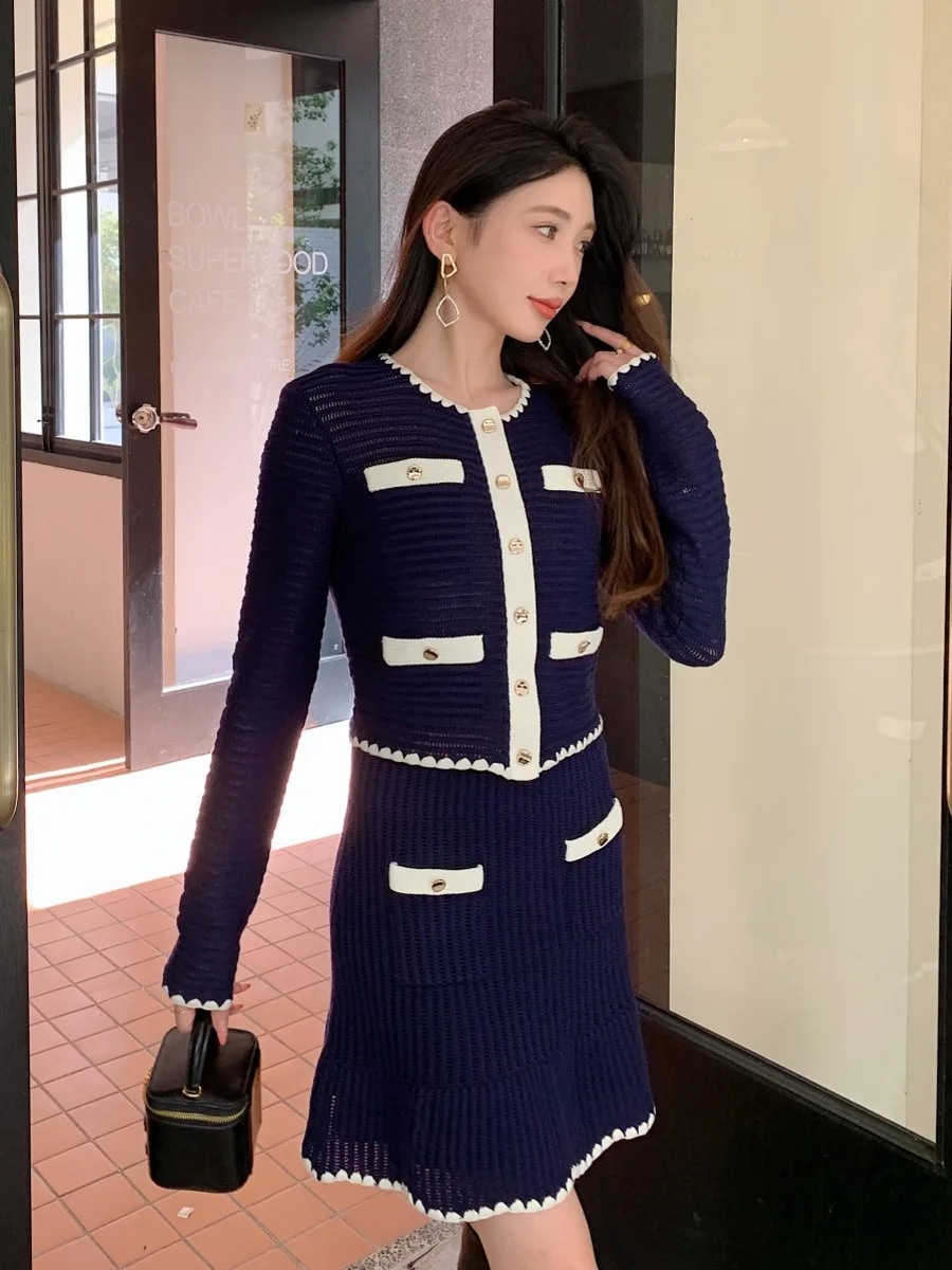 Fashion Contrast Color Crochet Trim Knit Set Women O-Neck Single Breasted Knit Short Sweater Cardigan or A-line Mini Skirt Suit