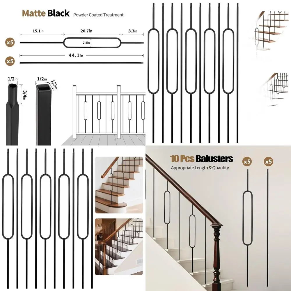 10 عبوات من 44 درابزين سلالم من الحديد الأسود الساتان، مغزل مجوف للحاجز الداخلي، 5 بيضاوية و5 مستقيمة