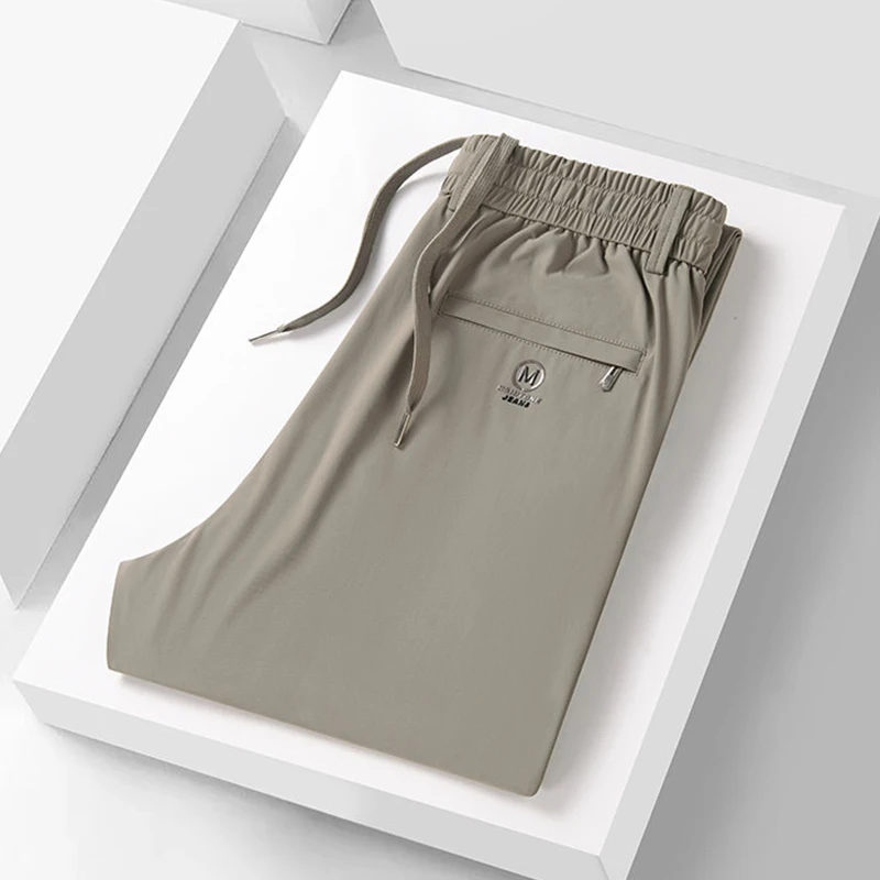 Heren lente zomer dunne ijzijde casual broek hoge elasticiteit sneldrogend rechte pijp elastische taille sportbroek