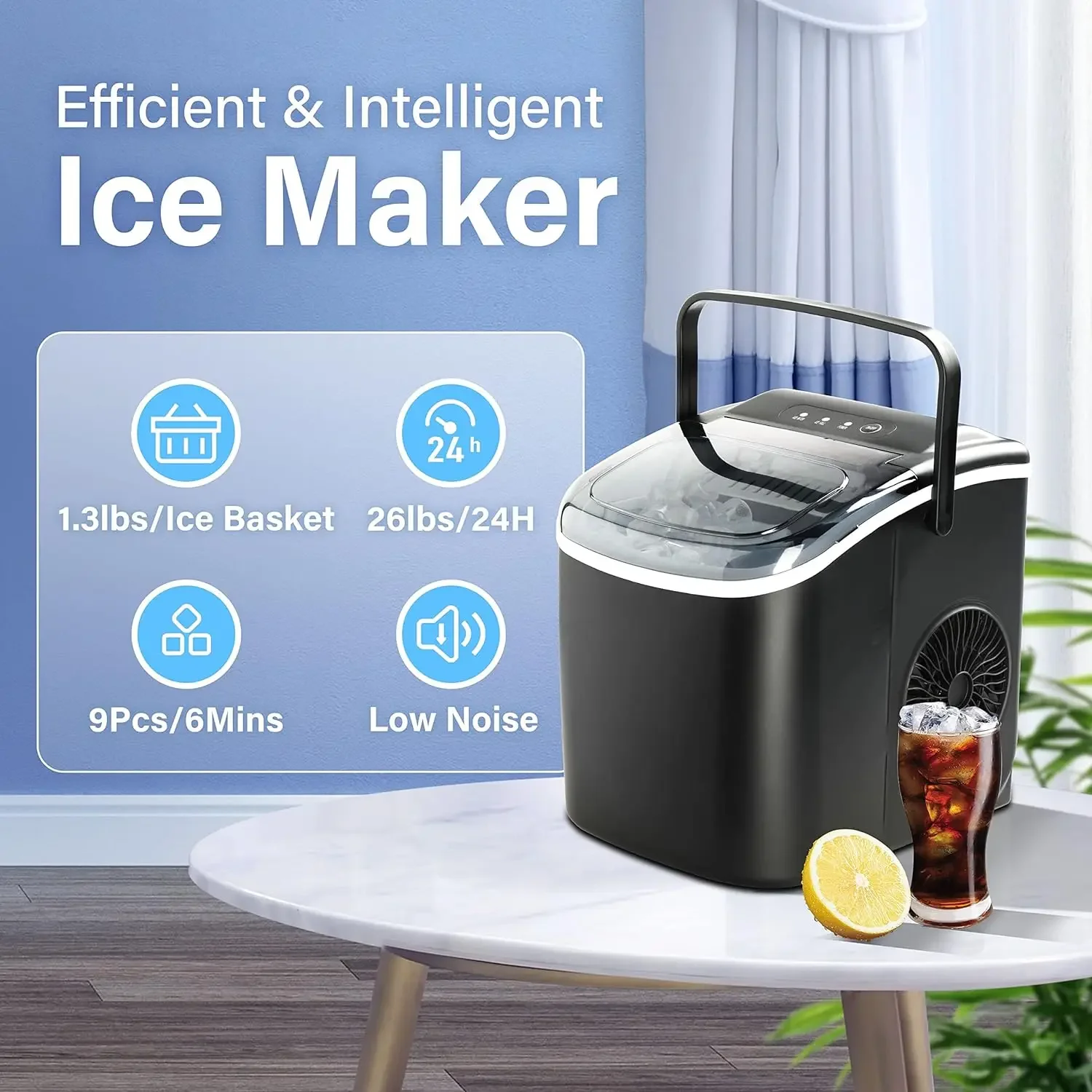 便利なセルフクリーニング製氷機、カウンタートップでの使用、1日あたり26ポンドの氷を生成し、スクープとバスケットを含み、9