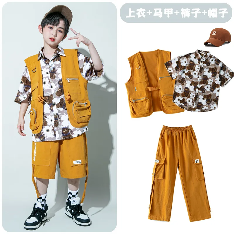 Girls Hip Hop Vest Flower Shirt Cargo Pants Boys Cool Street Dance Shorts Child Fashion Streetwear Clothes Set Kids Jazz Costume