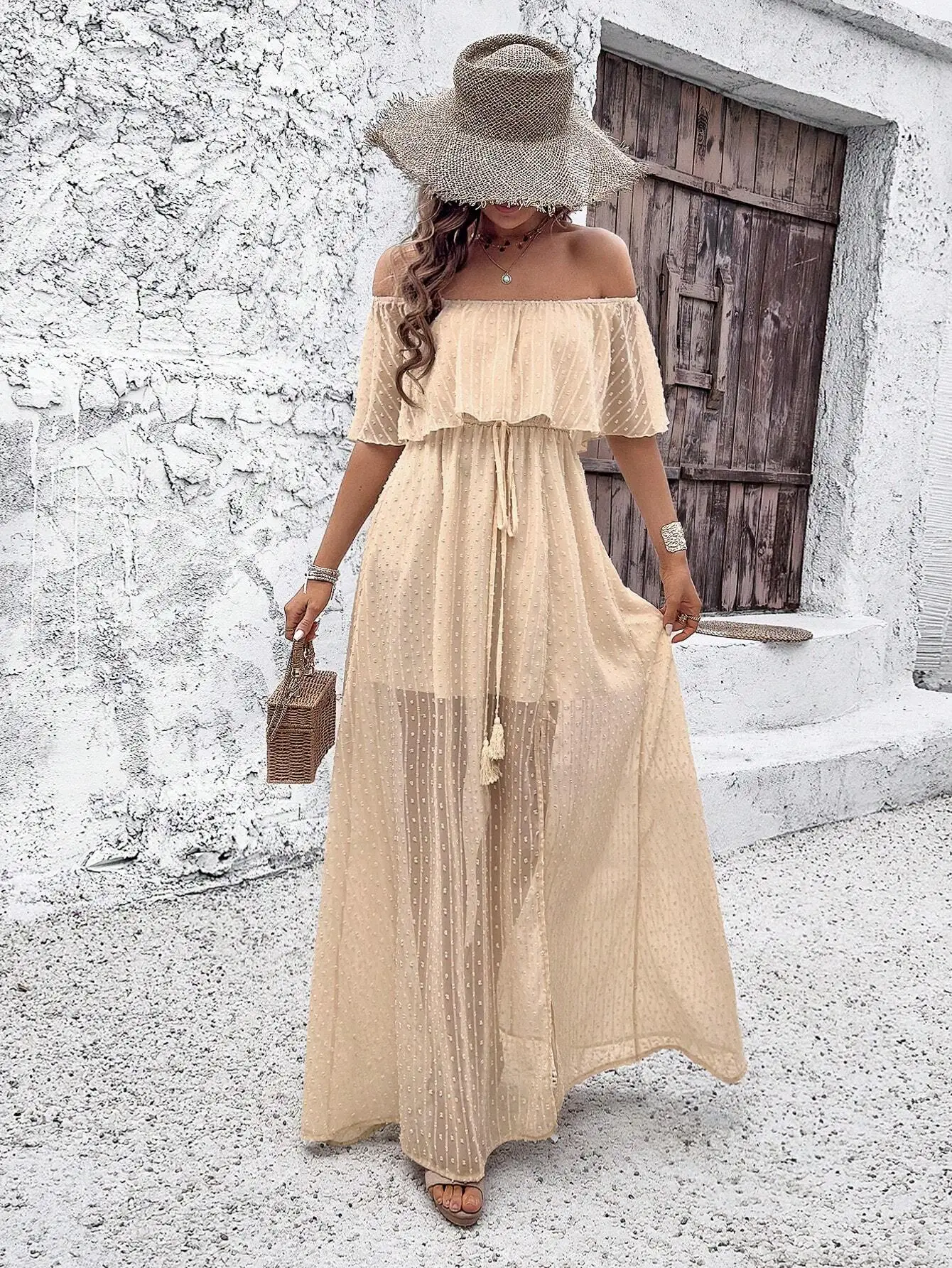 

Women's Off Shoulder Polka Dot Maxi Dress with High Slit and Tassel Waist Tie