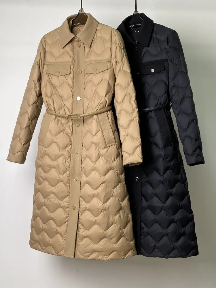 Wysokiej jakości damska kurtka puchowa jednorzędowa z paskiem, ciepła długa kurtka z kołnierzem, elegancka odzież biurowa, streetwear, casualowy płaszcz.