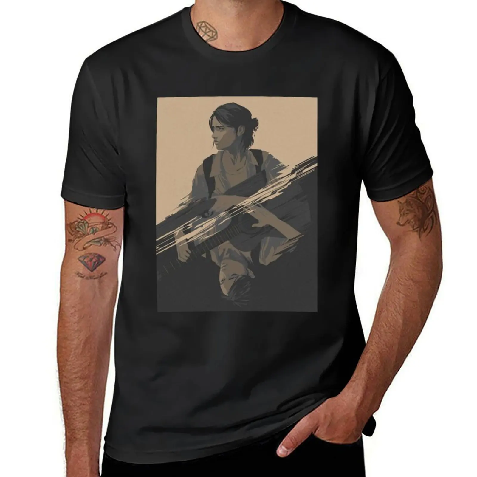 

Ellie Holding A Gun And Guitare - The Last Of Us 2 Art Design HBO T-Shirt oversizeds vintage Men's cotton t-shirt