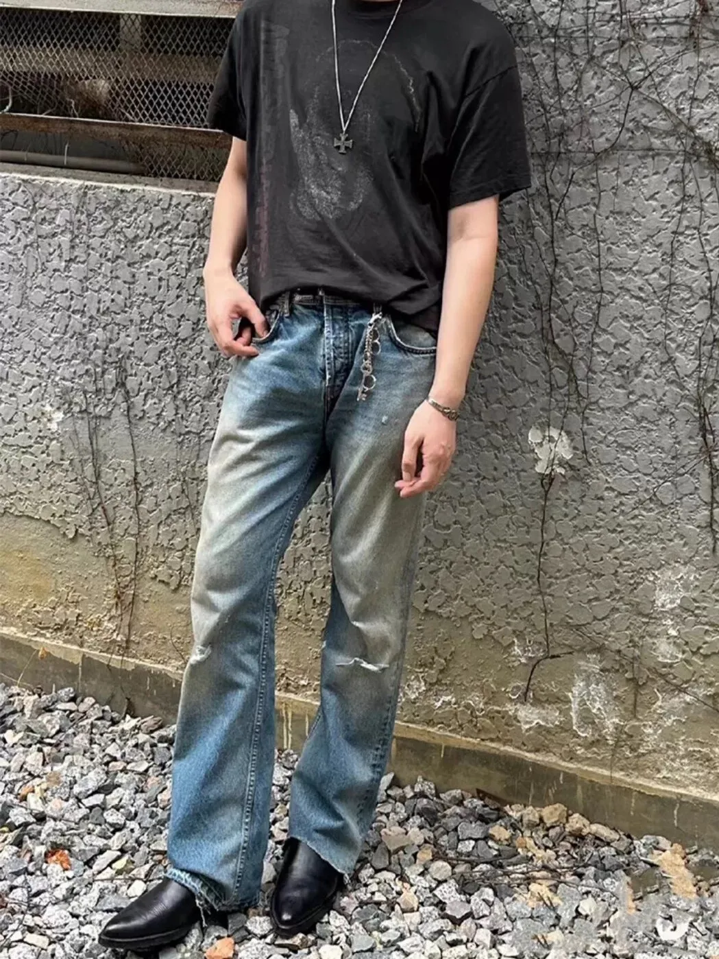 

High-Ounce Vintage Washed Distressed Straight Leg Blue Jeans Youth Casual Cotton Jeans mid Waist Stone Grinding Wash