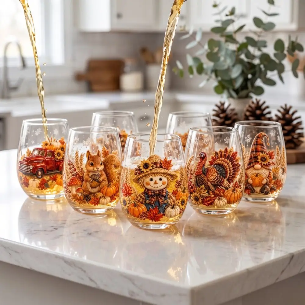 Novelty 2D Print Christmas Wine Glass Elf Snowflake Christmas Art Cup Animal Autumn Leaf Clear Stemless Glass Home Decor