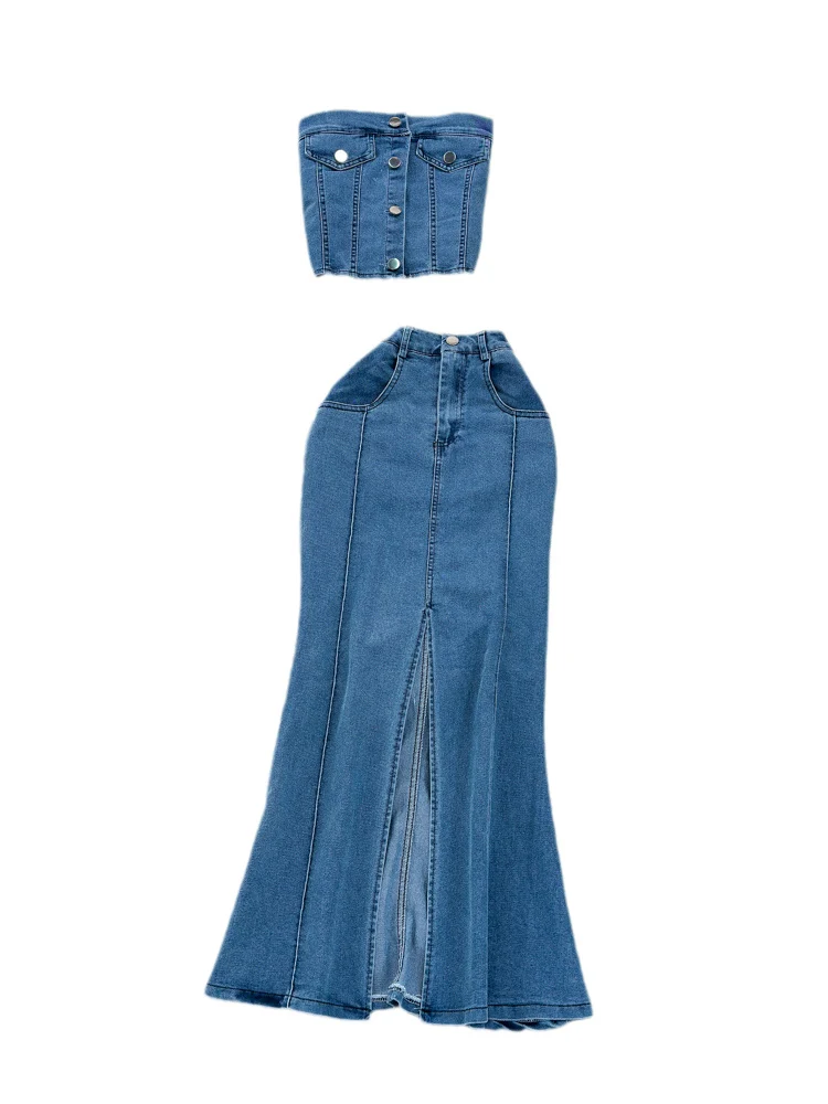 

Faionable American Retro Denim Tube Top And High Waist Slimming Split A-Line Skirt Two-Piece Set for Women