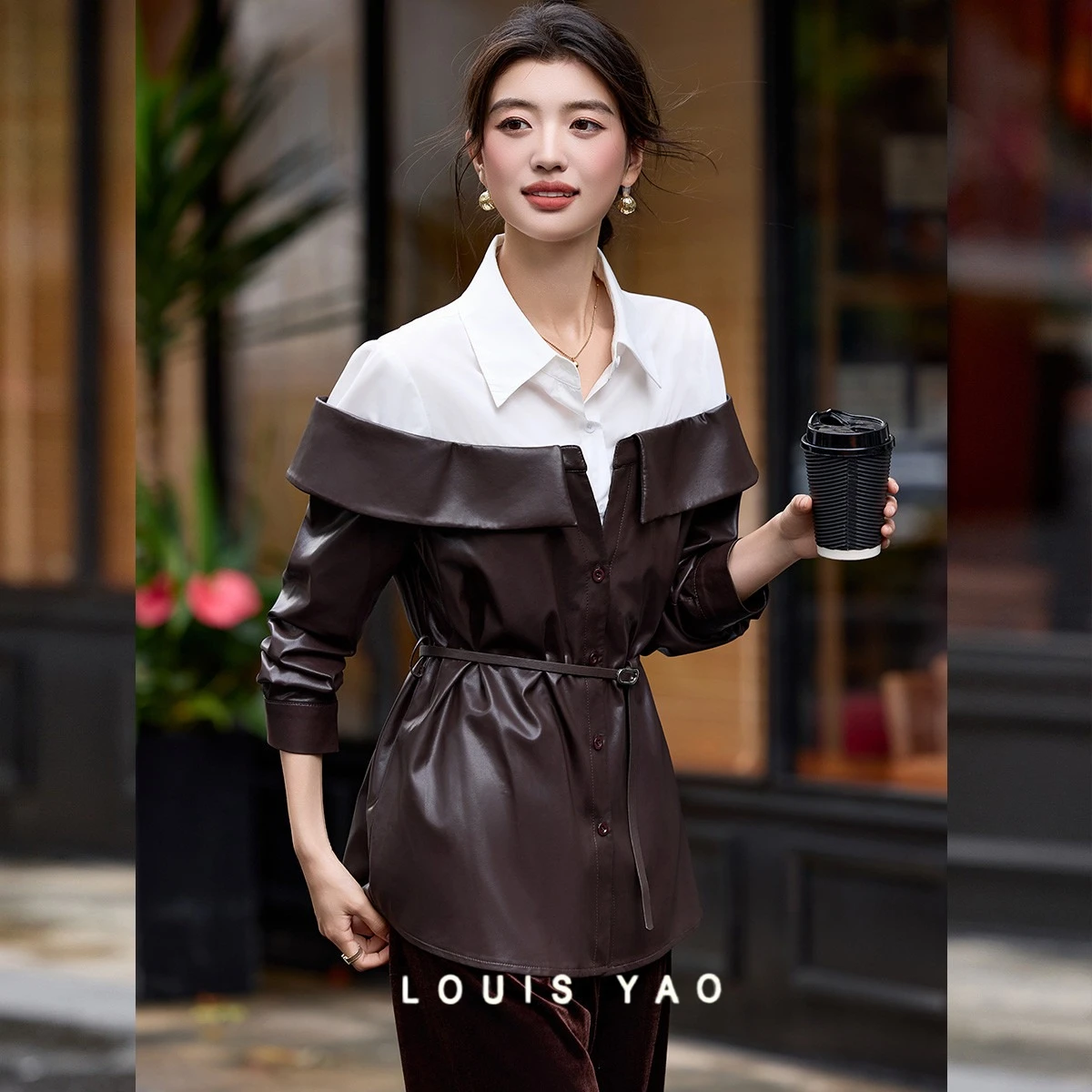 

LOUIS YAO New Minimalist Contrast Colours Splicing Coats 2025 Autumn Designer Cardigan with Detachable Belt Women's Shirt Coats