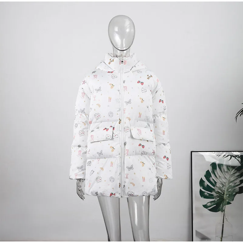 Women's Floral Print Hooded Puffer Jacket with Bow Decor Cute Oversized Winter Warm Coat Loose Casual Feminine Outerwear Fashion