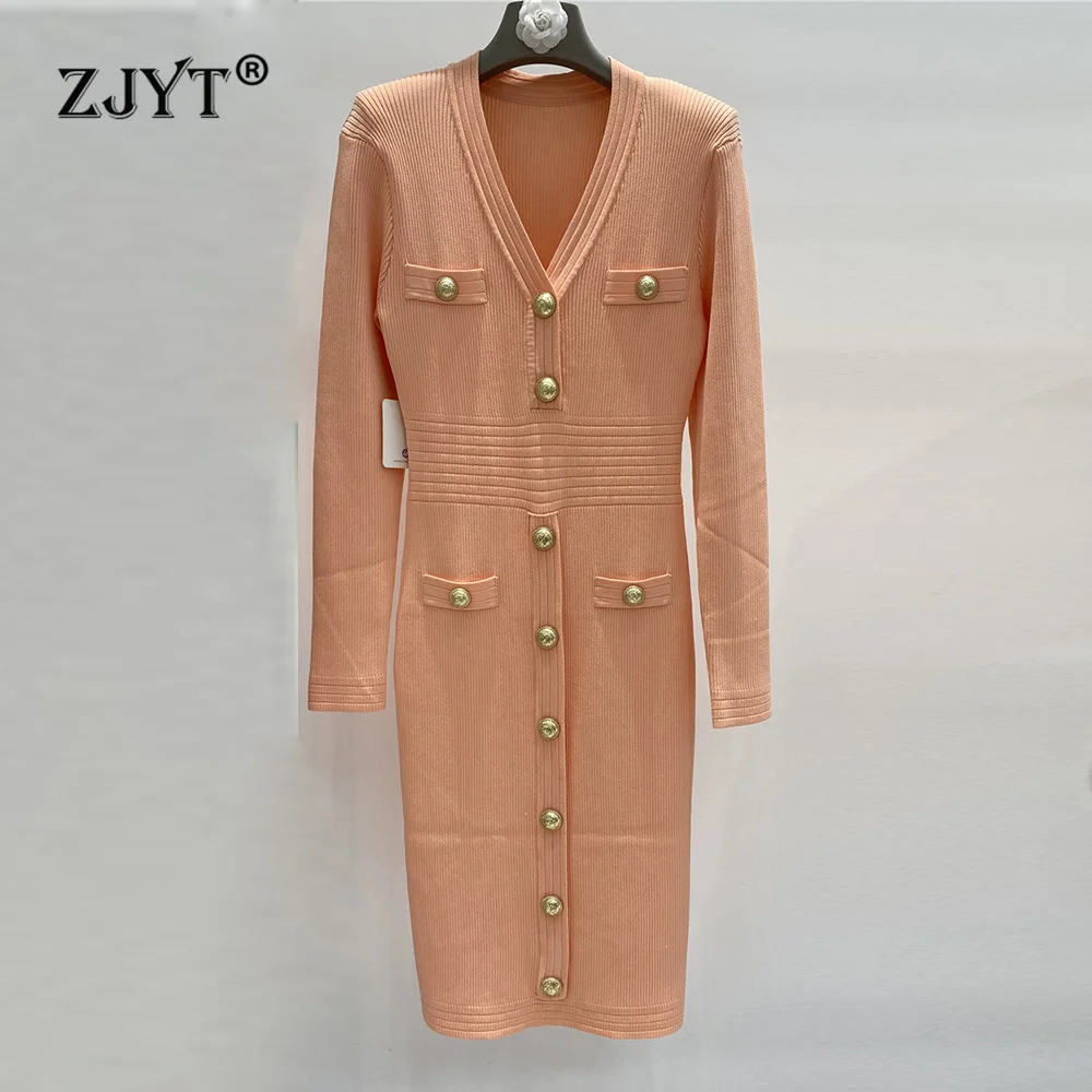 

ZJYT Women's Fall Winter Knitting Dresses 2025 New Long Sleeve Sweaters V Neck Buttons Midi Straight Casual Party Dress White