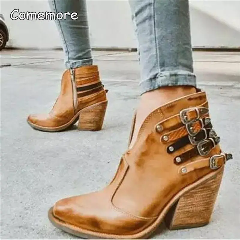 Comemore-Botas Punk de cuero para Mujer, Botines de tacón alto con hebilla, estilo vaquero occidental, otoño e invierno, 2023