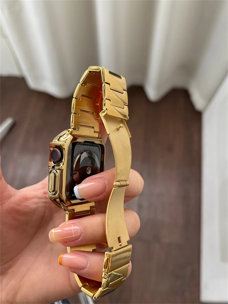 الفاخرة حزام (Band) ساعة ل أبل ساعة 7 41 مللي متر 45 مللي متر المرأة رجل الفولاذ المقاوم للصدأ سوار ل iWatch SE 6 5 4 3 2 1 44 40 42 38 مللي متر حزام