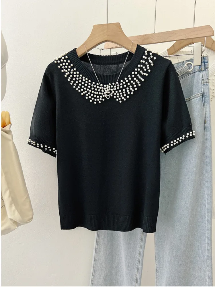 Chic Beaded Knit Sweater T-shirt Women Elegant Korean Fashion Solid Ladies Tees Tops Knitwear Summer Short Sleeve O-neck Jumper