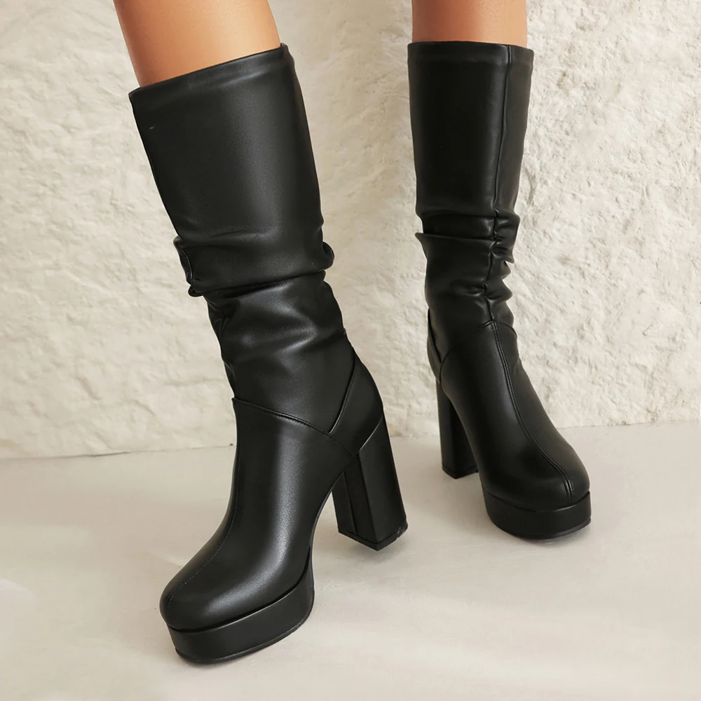 Brand Designer punk pleated Mid Calf boots round toe Motorcycle Boot woman high heels shoes black thick platform knee high boots