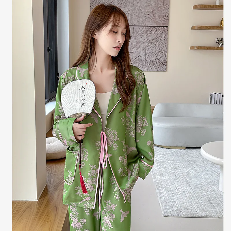 Women Pajamas Chinese Style Print Flower 2PCS Sleep Set Lounge Wear Spring Autumn Satin Long Sleeve Trouser Suits Home Wear