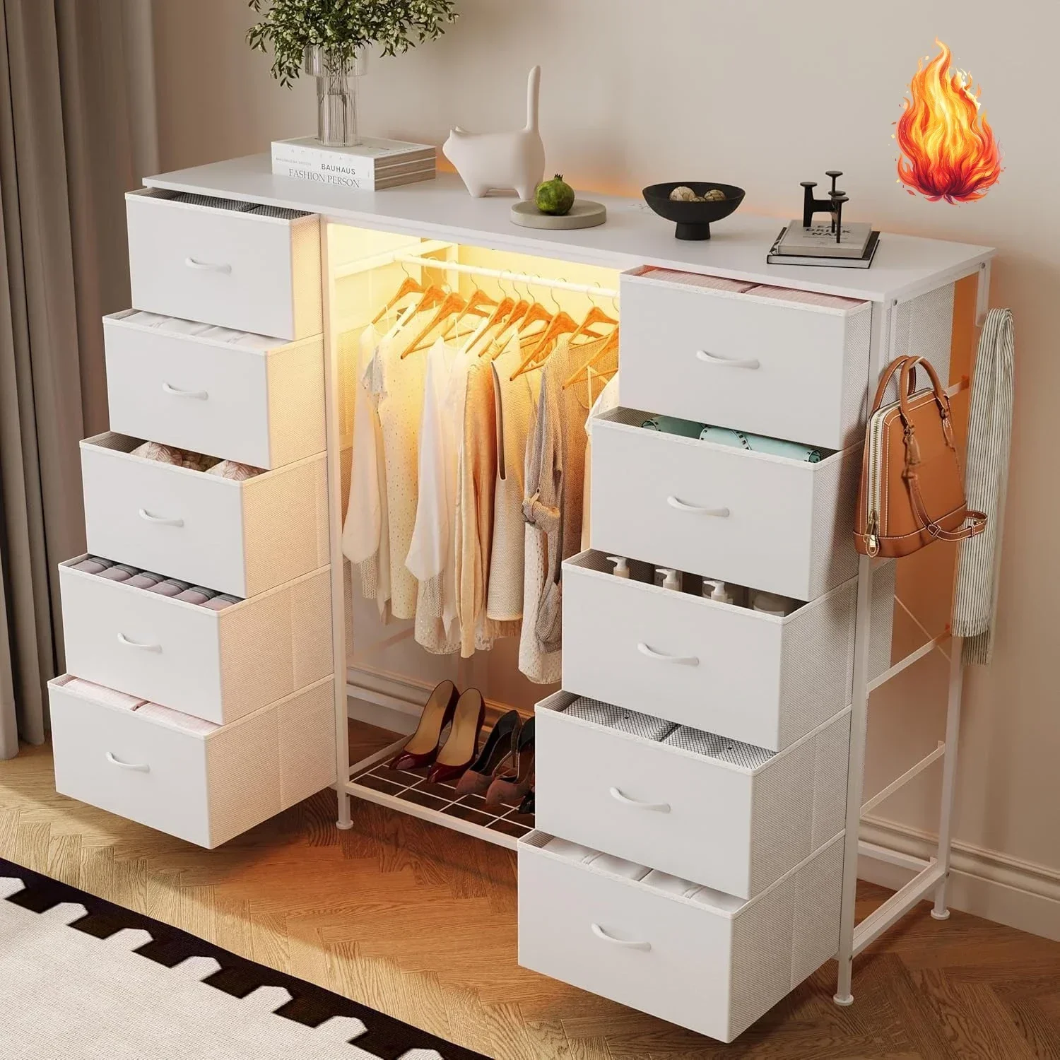 

55" W 2-in-1 Dresser with Hanging Rack, 10 Drawers Dresser for Bedroom, White Drawer Dressers with LED Lights, Charging Station