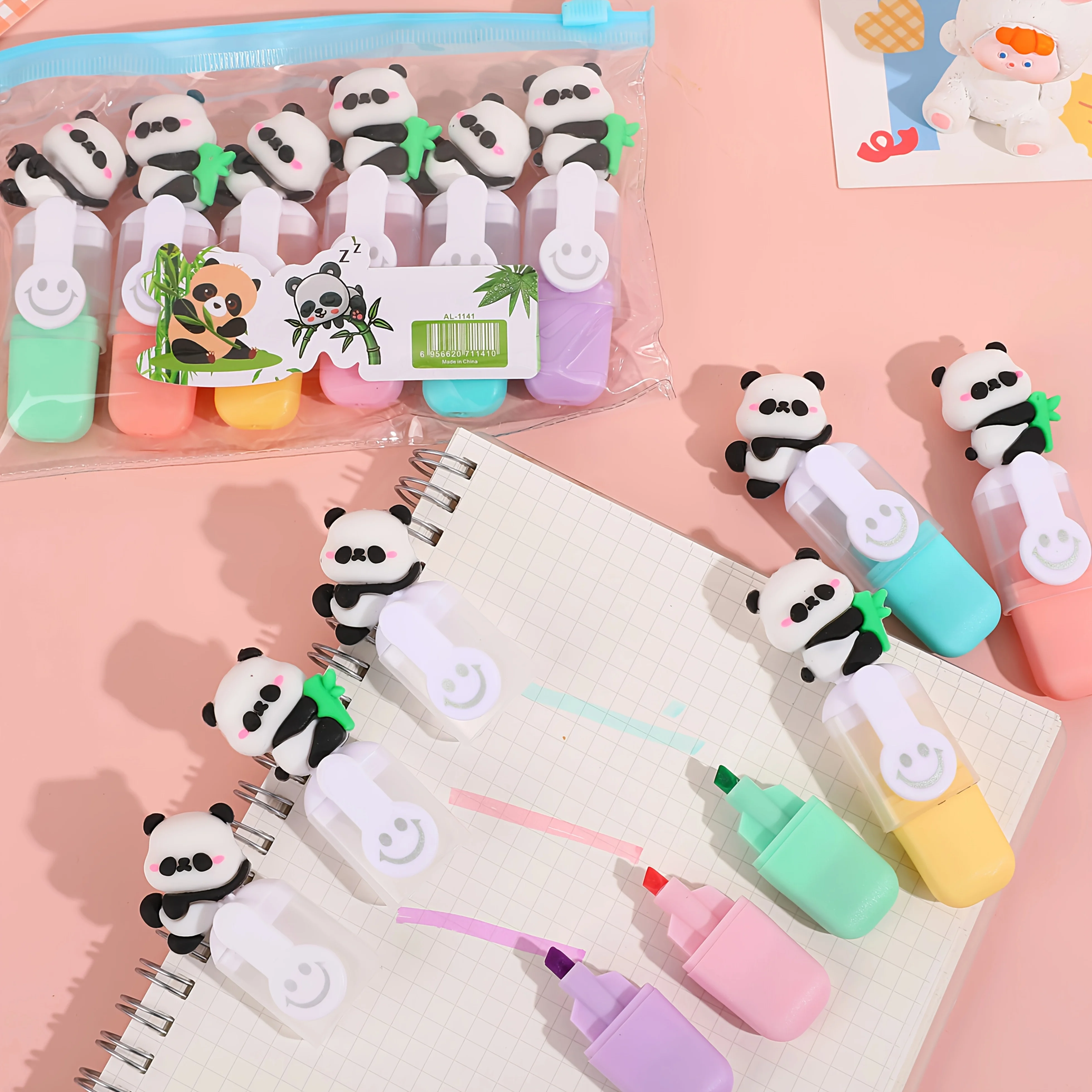 1 set 6-Color Cute Panda Mini Highlighters for Marking Important Notes, Perfect for Student Stationery Gifts