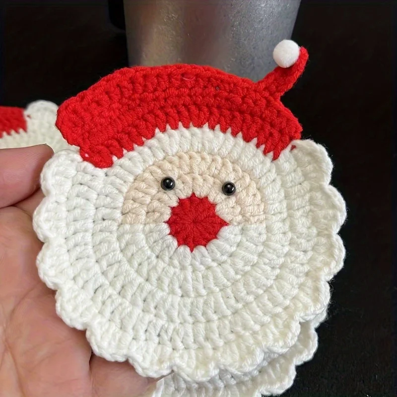 Christmas Santa Claus Crochet Coasters, Handmade Knitted Santa Cup Mat, Heat Resistant Table Decor Coaster for Holiday Party Tab
