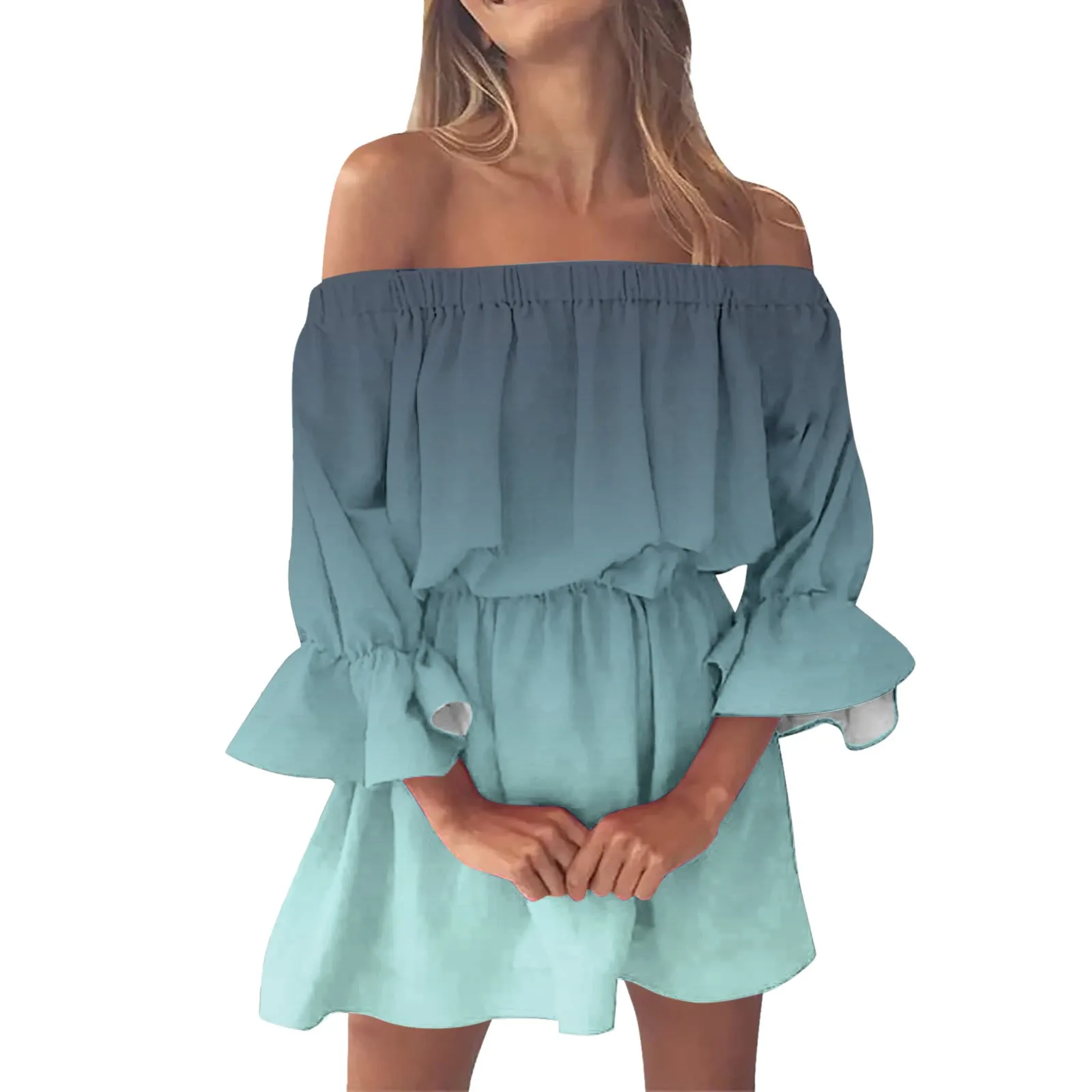 Gradient Print Elegant Off Shoulder Dresses for Women Summer Slash Neck Short Sleeve Boho Beach Sundress Ladies Ruffles Dress