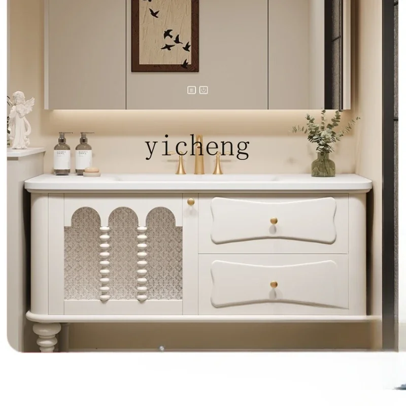 

floor-to-ceiling DuPont Corian integrated basin retro rubber wood bathroom cabinet combination washbasin