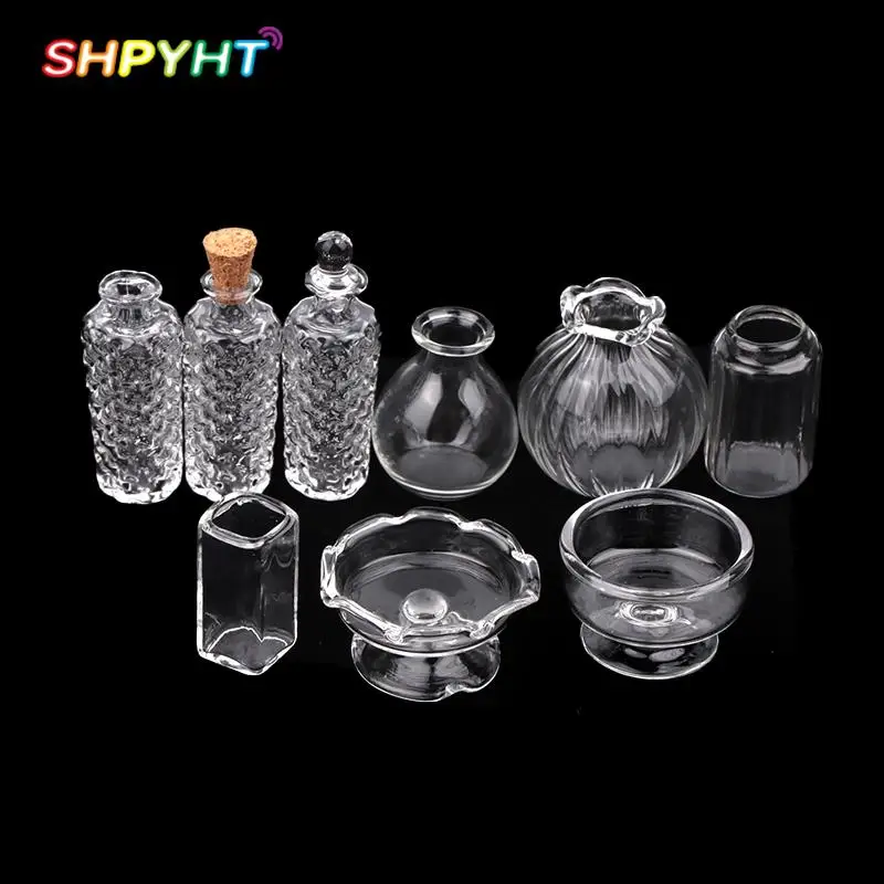 1/6 1/12 Dollhouse Miniature Transparent Glass Vase Dessert Cup Wine Bottle Wishing Bottle Home Decor Toy Doll House Accessories