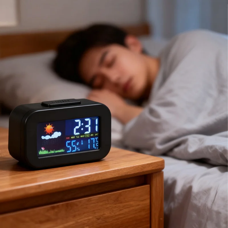Timer Weather Forecast Mini Digital Alarm Clock with Backlight Temperature Humidity Home Indoor Silent Electronic LED Clock