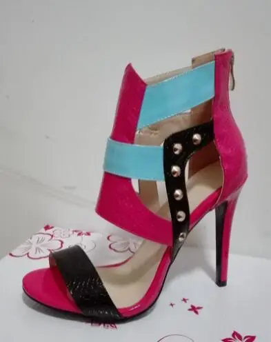 Hot Pink Blue Black Leather Mixed Color Rivet Cover Heel Stiletto Heels Hollow Summer Sandals Women Fashion Banquet Shoes Lady