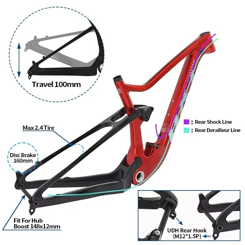 XC-097 Full Suspension Carbon XC MTB Bicycle Frame Set 29er Off-Road Cycles BSA Boost 148mm UDH Mountain Bikes Frameset