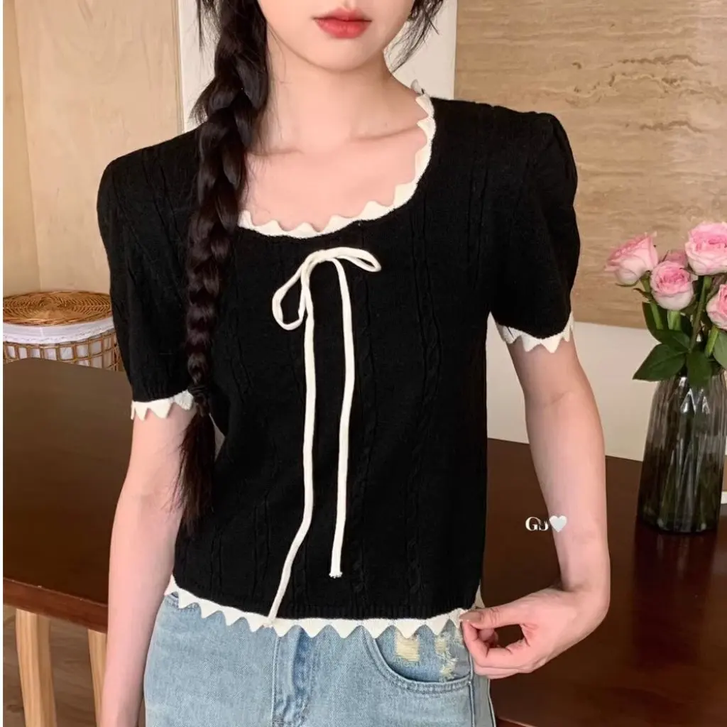 

Women's Korean Style Slim-Fit Short-Sleeved Sweater Bow Tie-Up Top Wave Edge Summer Trendy New Design