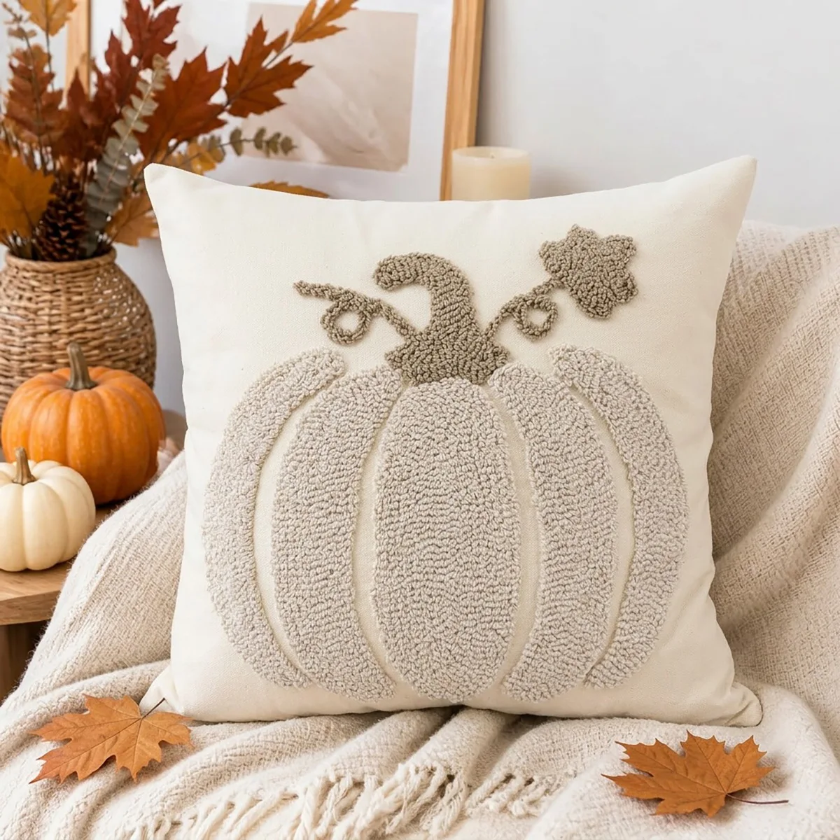 Herbst-Handtuchkissenbezug mit Kürbis-Stickerei, Dekorative Sofakissenhülle für Thanksgiving, Halloween Quadratischer Kissenbezug – Detail 9