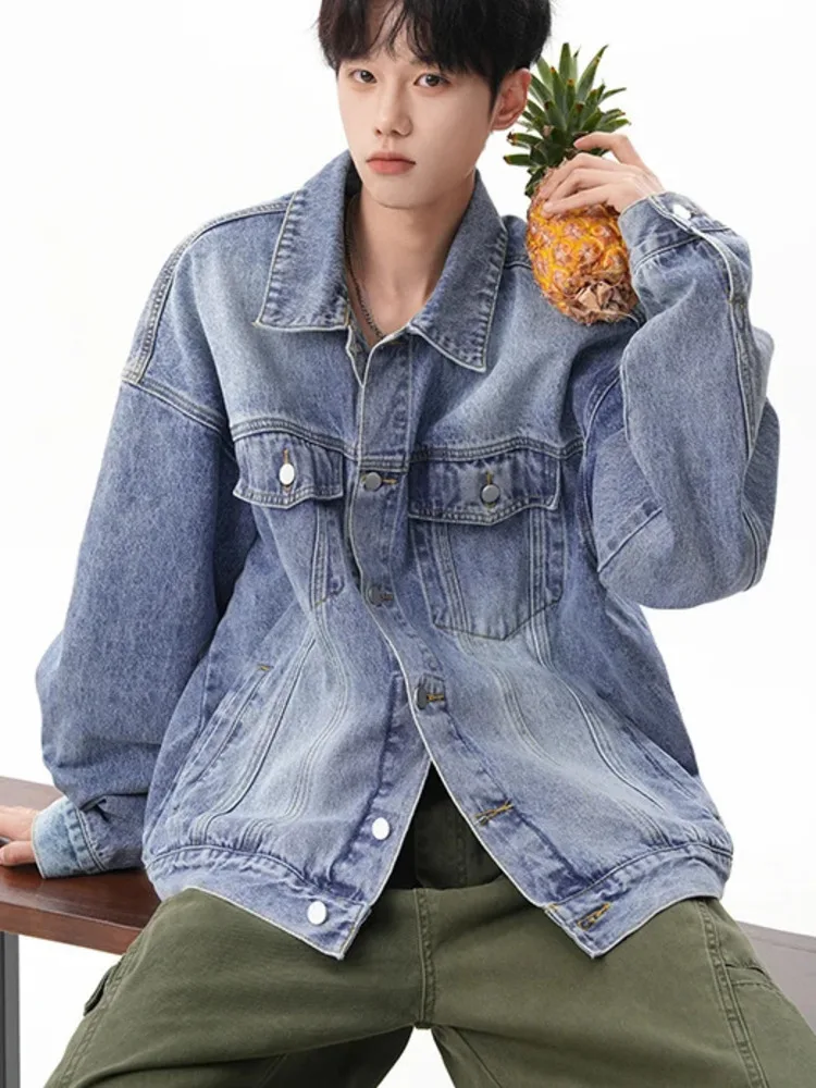 Casual Korean Style Washed Blue Men's Jackets High End Single Breasted Denim Coat Loose Fashion Lapel Tops MB99