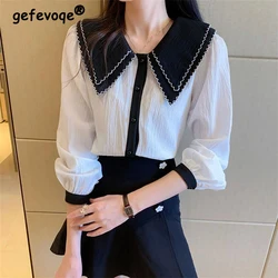 Elegant White Patchwork Women Shirts Vintage 2022 Ladies Kawaii Korean Chic Puff Sleeve Blouse Harajuku Clothes Office Lady Tops