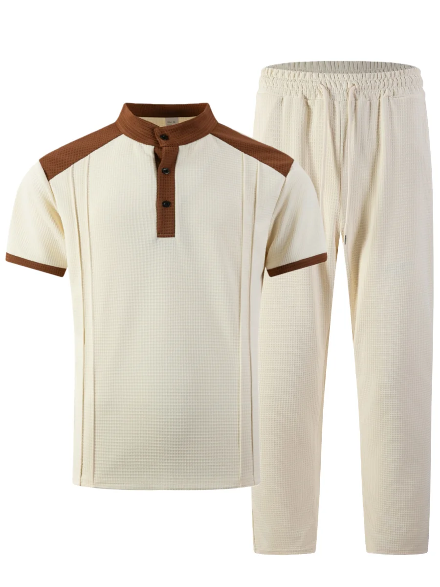 Image 7: Ensemble de survêtement décontracté 2 pièces pour homme, nouvelle collection printemps-été, à carreaux larges, blocs de couleur, col montant, manches courtes boutonnées et pantalon long