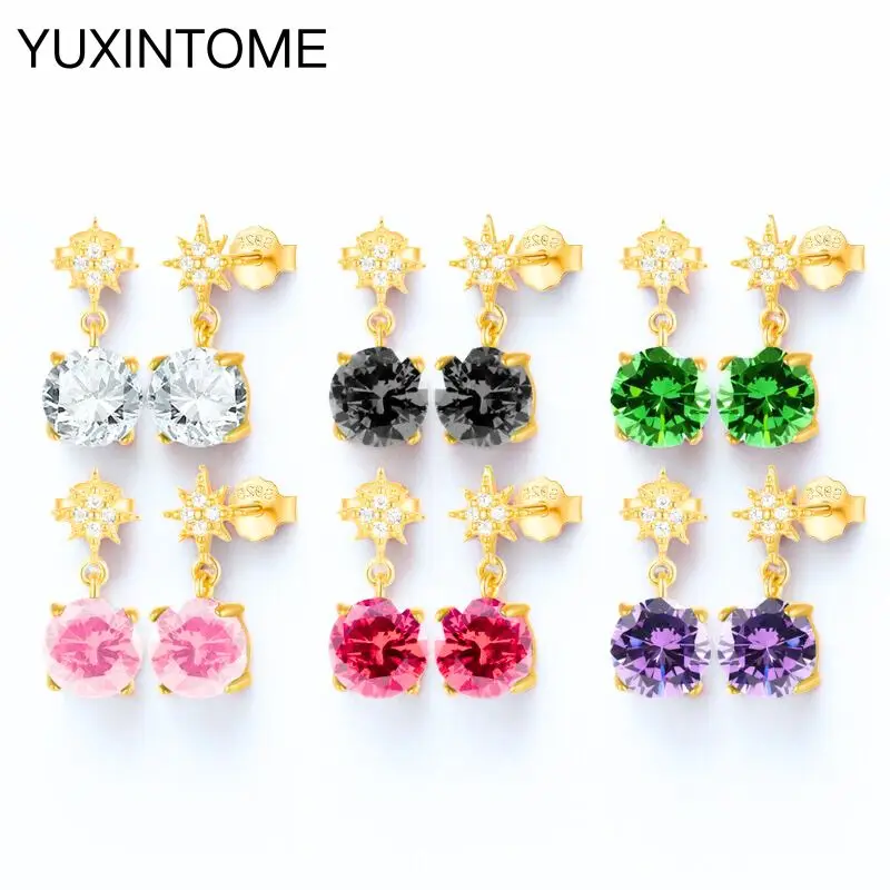 

925 Sterling Silver Needle Round Colourful Zircon Eight-pointed Star Drop Earrings for Women Fashion Stud Earring Fine Jewelry