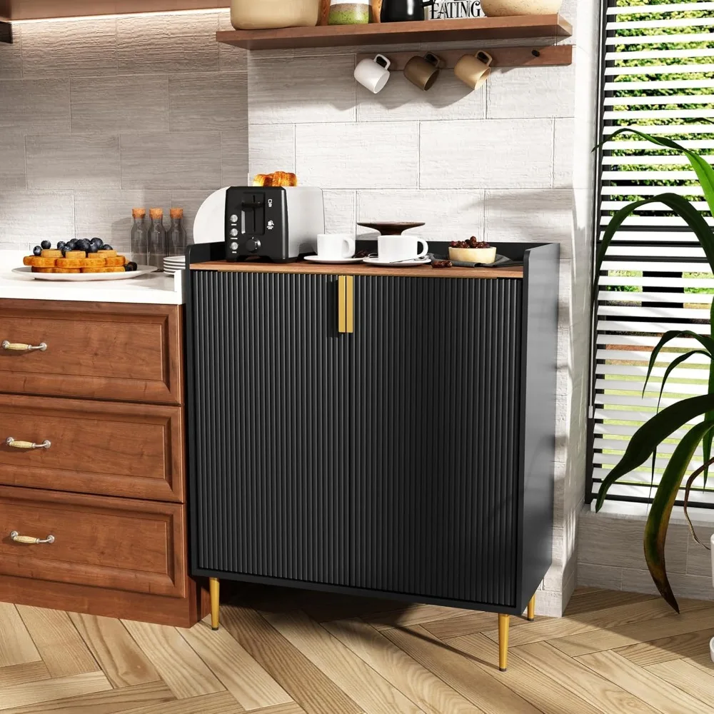 Credenza Buffet con struttura scanalata, mobiletto moderno da bar con portabottiglie e cassetti, mobiletto per liquori nero per cucina