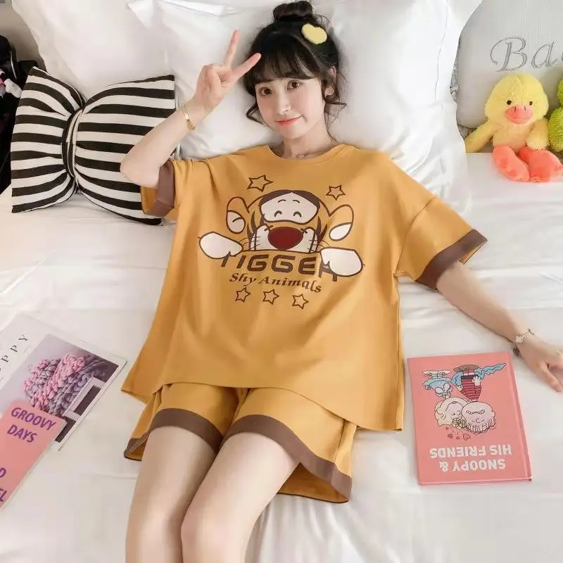 2PCS/Set Large Size Girl Korean Version Short-Sleeved Shorts Pajamas Student Princess Wind Elastic Sweet Kawaii Ladies Homewear