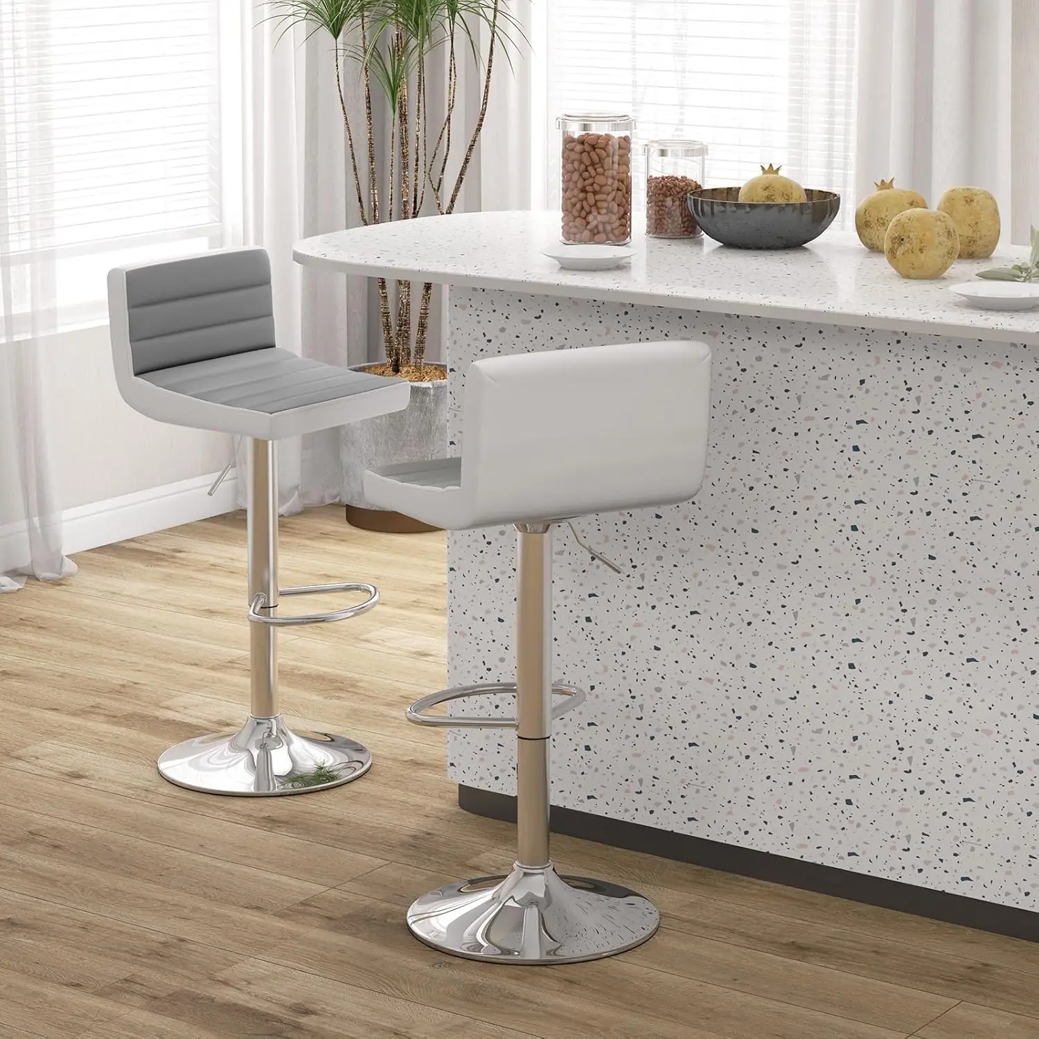 مجموعة مقاعد بار قابلة للتعديل مكونة من 2، كراسي بار حديثة من جلد البولي يوريثان مع ظهر، مسند للقدمين، مقاعد للبار منجدة بارتفاع مضاد