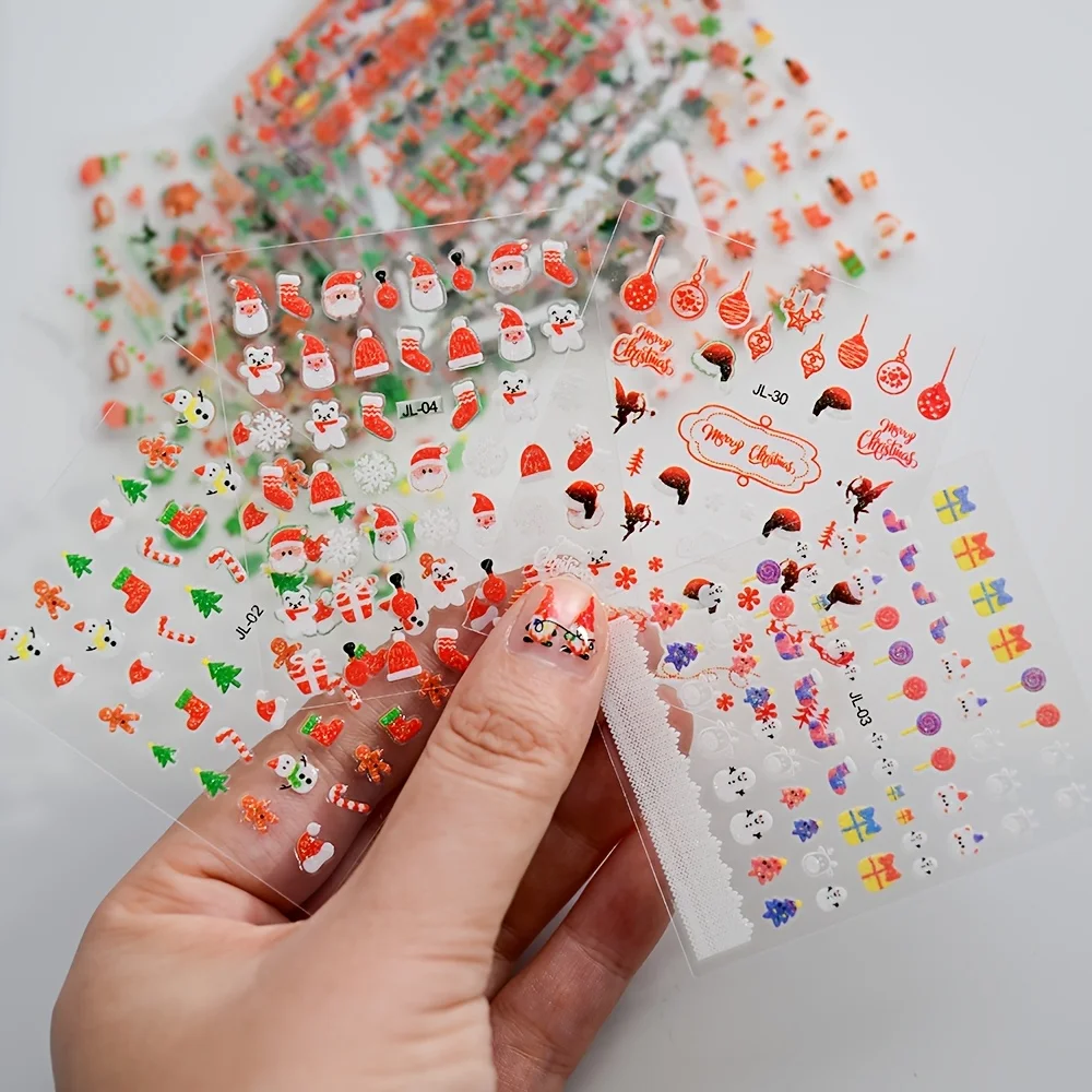 30-teiliges festliches Weihnachts-Nagelkunst-Aufkleber-Set, selbstklebend, Einweg-Abziehbilder, Schneemann, Rentier und Weihnachtsbaum-Designs, niedlich, halbmatt
