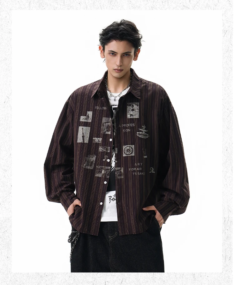 2025 Spring and Autumn Street Style Striped Print Coffee Color Long Sleeve Shirt Men's American Casual Loose Apricot Shirt