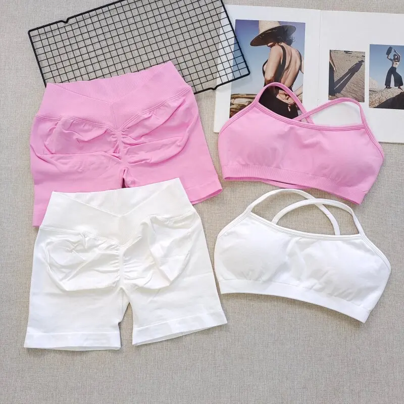 Nahtloses, schnelltrocknendes Fitness-Set für Damen: Sport-BH und Hüftstraffende V-Taille Yoga-Shorts, Pilates-Trainingskleidung, Gym-Set – Detail 17
