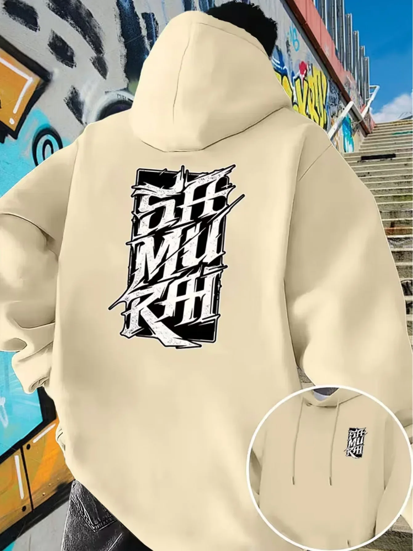 Streetwear Samurai Lettering Graphic Hoodie, Unisex Loose Long Sleeve Autumn Pullover Sweatshirt Front & Back Print